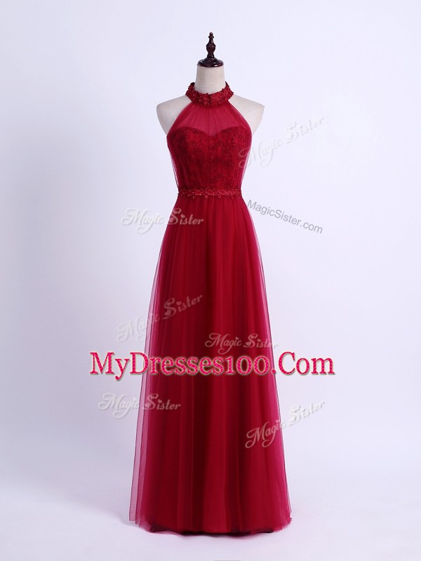 Latest Sleeveless Lace Up Floor Length Lace and Appliques Bridesmaids Dress