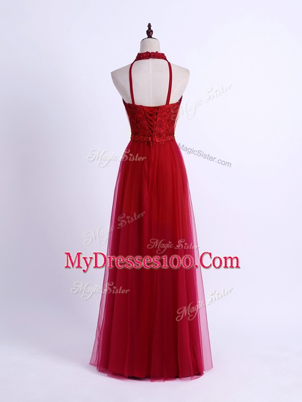 Latest Sleeveless Lace Up Floor Length Lace and Appliques Bridesmaids Dress