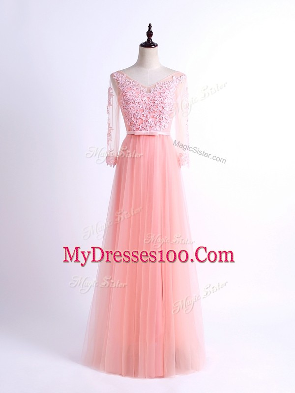 Pink Half Sleeves Tulle Lace Up Damas Dress for Prom and Party and Wedding Party