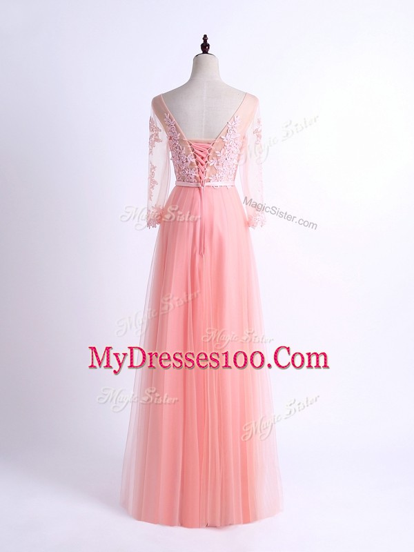 Pink Half Sleeves Tulle Lace Up Damas Dress for Prom and Party and Wedding Party