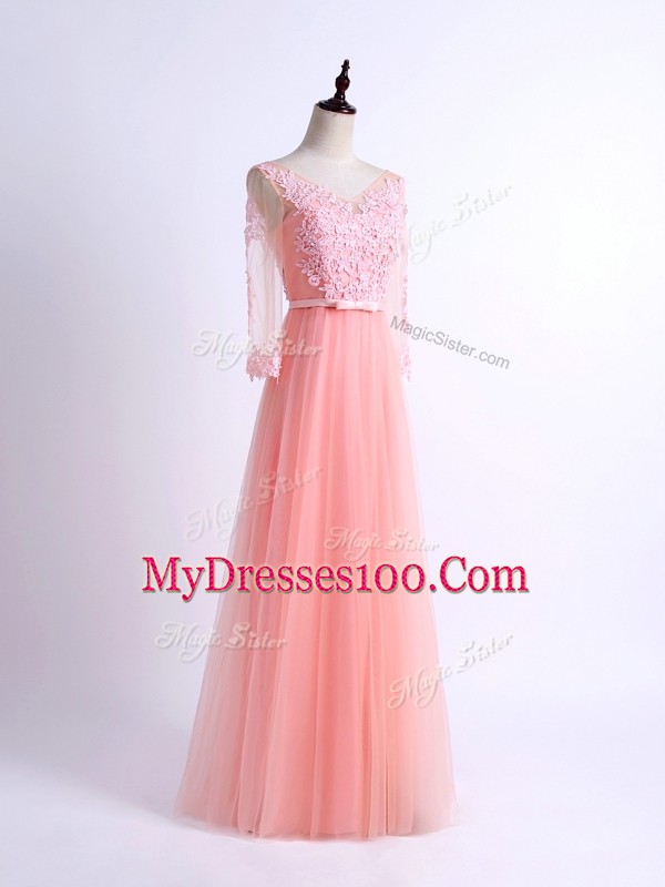 Pink Half Sleeves Tulle Lace Up Damas Dress for Prom and Party and Wedding Party