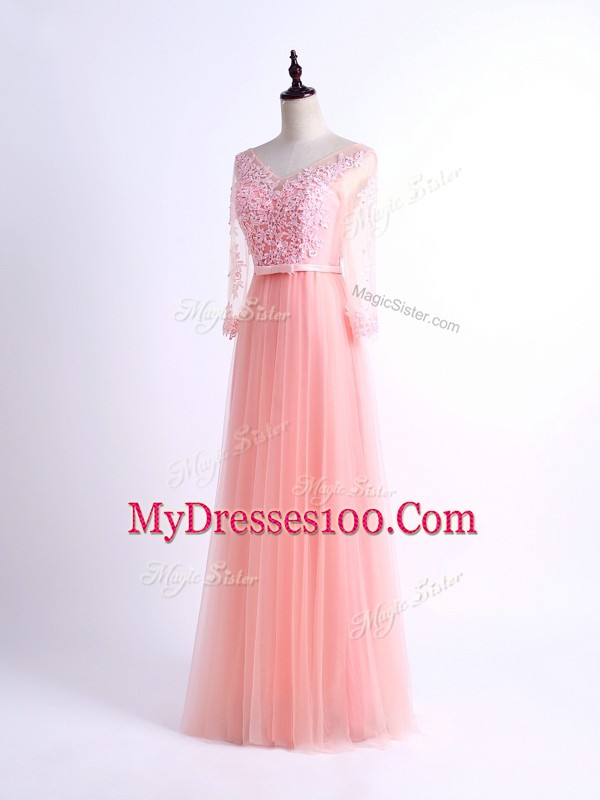 Pink Half Sleeves Tulle Lace Up Damas Dress for Prom and Party and Wedding Party