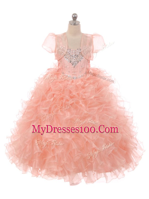 Sleeveless Lace Up Floor Length Beading and Ruffles Little Girl Pageant Gowns