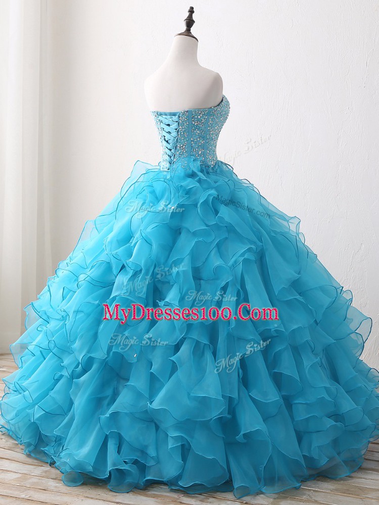 Baby Blue Organza Lace Up Sweetheart Sleeveless Floor Length Quinceanera Dress Beading and Ruffles
