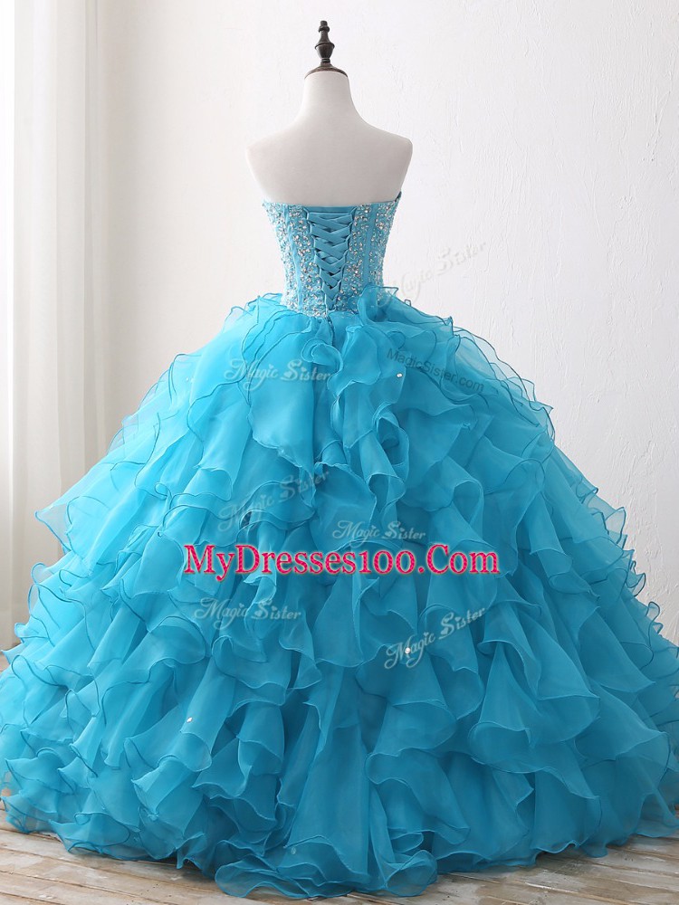 Baby Blue Organza Lace Up Sweetheart Sleeveless Floor Length Quinceanera Dress Beading and Ruffles