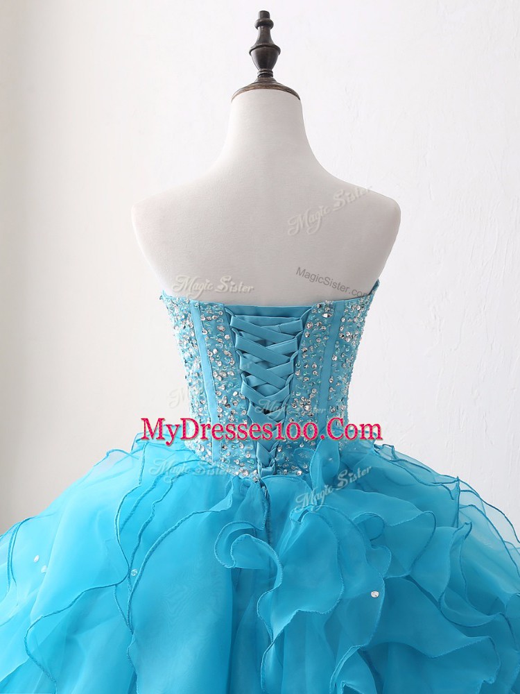 Baby Blue Organza Lace Up Sweetheart Sleeveless Floor Length Quinceanera Dress Beading and Ruffles
