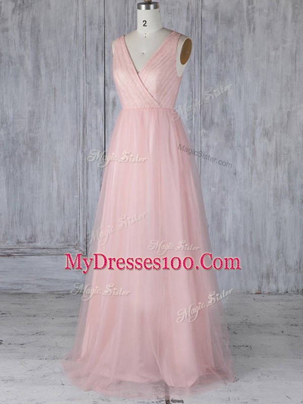 Nice Baby Pink Zipper Wedding Guest Dresses Lace Sleeveless Floor Length