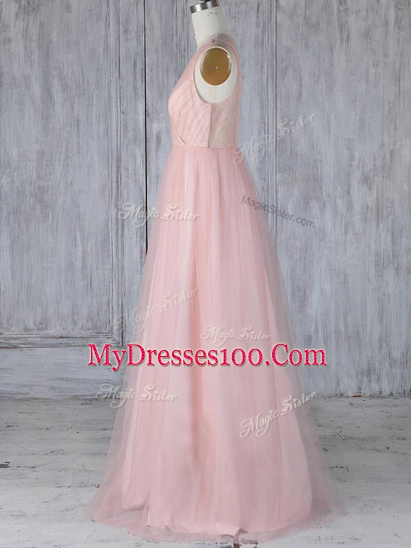 Nice Baby Pink Zipper Wedding Guest Dresses Lace Sleeveless Floor Length