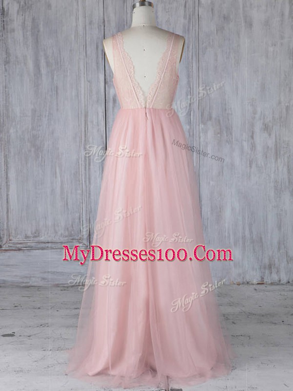 Nice Baby Pink Zipper Wedding Guest Dresses Lace Sleeveless Floor Length