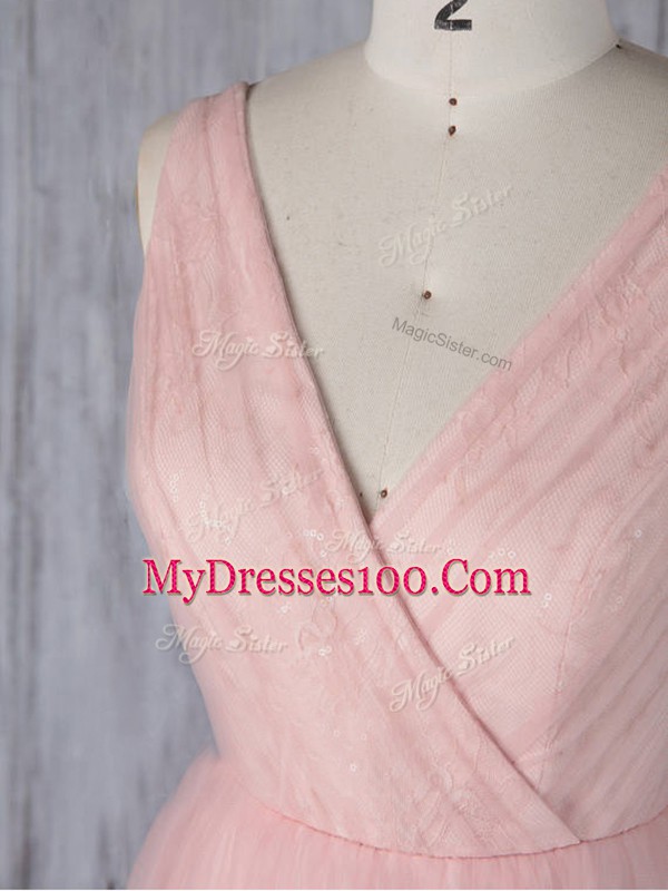 Nice Baby Pink Zipper Wedding Guest Dresses Lace Sleeveless Floor Length