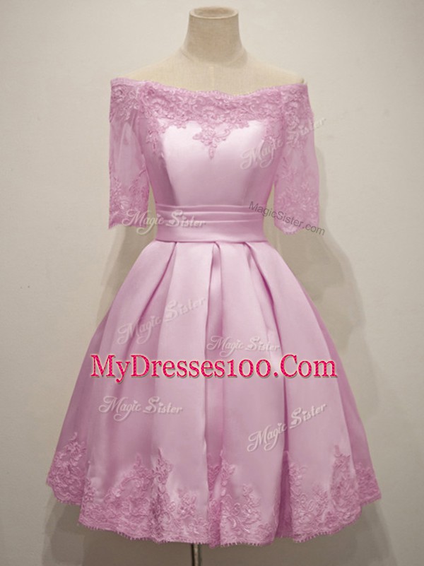 Artistic Knee Length Lilac Wedding Party Dress Off The Shoulder Half Sleeves Lace Up