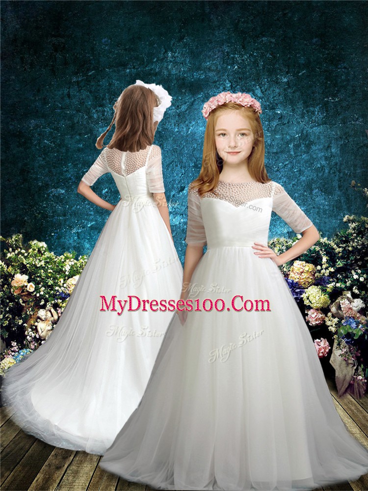 White Half Sleeves Brush Train Beading Flower Girl Dresses