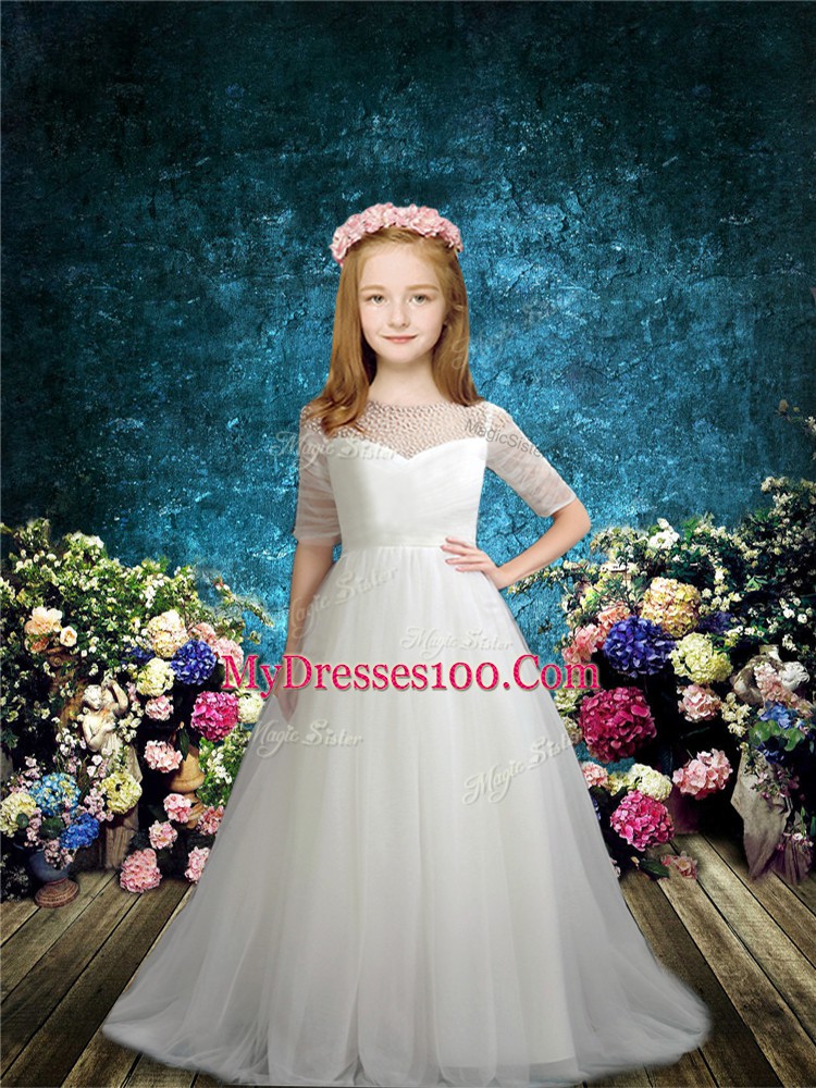 White Half Sleeves Brush Train Beading Flower Girl Dresses