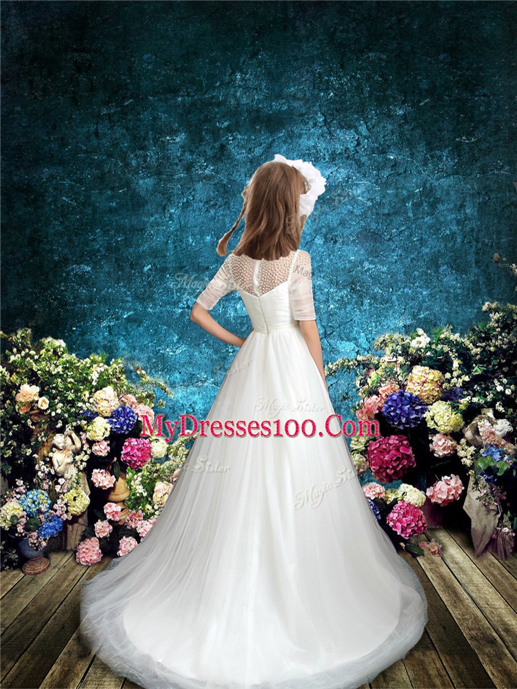 White Half Sleeves Brush Train Beading Flower Girl Dresses