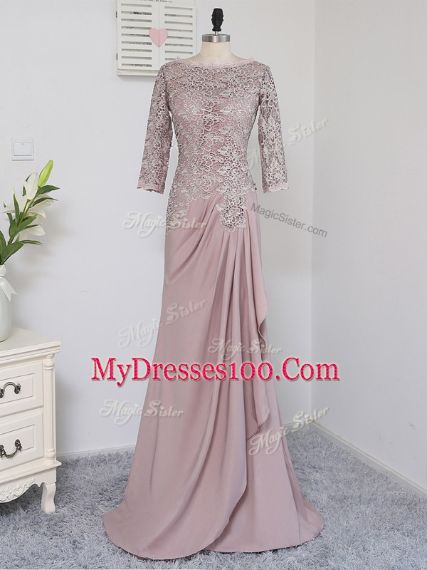 Artistic Pink Elastic Woven Satin Zipper Scoop Half Sleeves Mother of the Bride Dress Brush Train Beading and Lace and Appliques