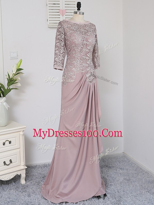 Artistic Pink Elastic Woven Satin Zipper Scoop Half Sleeves Mother of the Bride Dress Brush Train Beading and Lace and Appliques