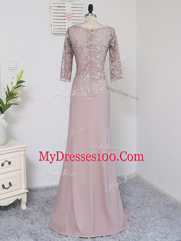 Artistic Pink Elastic Woven Satin Zipper Scoop Half Sleeves Mother of the Bride Dress Brush Train Beading and Lace and Appliques