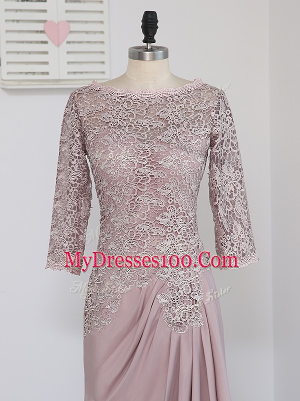 Artistic Pink Elastic Woven Satin Zipper Scoop Half Sleeves Mother of the Bride Dress Brush Train Beading and Lace and Appliques