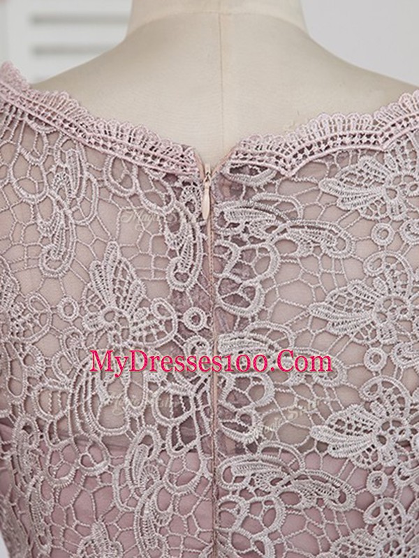 Artistic Pink Elastic Woven Satin Zipper Scoop Half Sleeves Mother of the Bride Dress Brush Train Beading and Lace and Appliques