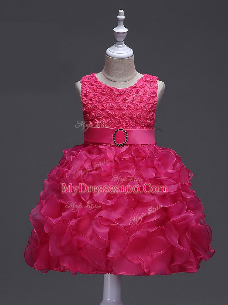 Affordable Knee Length Ball Gowns Sleeveless Hot Pink Pageant Gowns For Girls Lace Up
