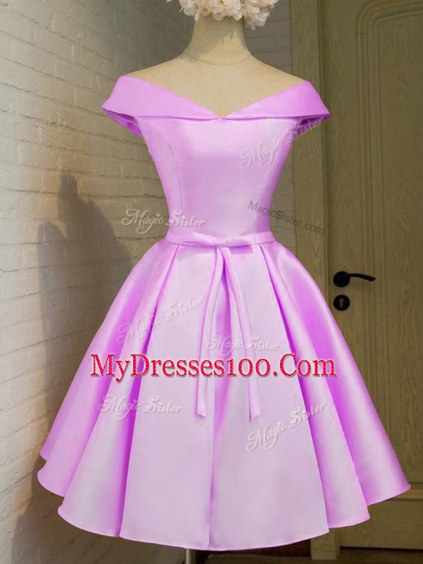 Dynamic Lilac Cap Sleeves Knee Length Belt Lace Up Quinceanera Dama Dress