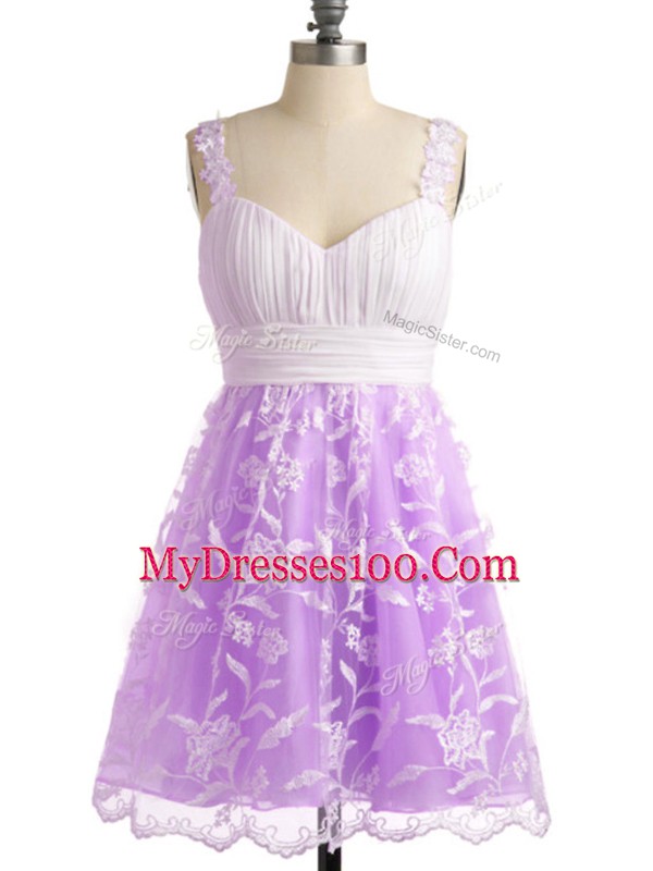 Sleeveless Knee Length Lace Lace Up Quinceanera Court of Honor Dress with Lilac