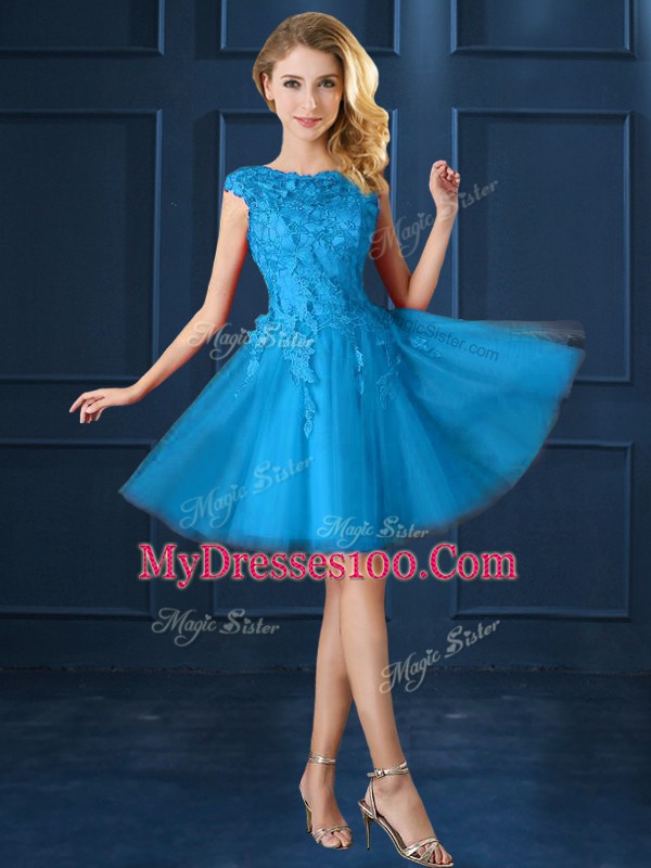 Knee Length Lace Up Wedding Party Dress Baby Blue for Prom and Party with Lace and Belt