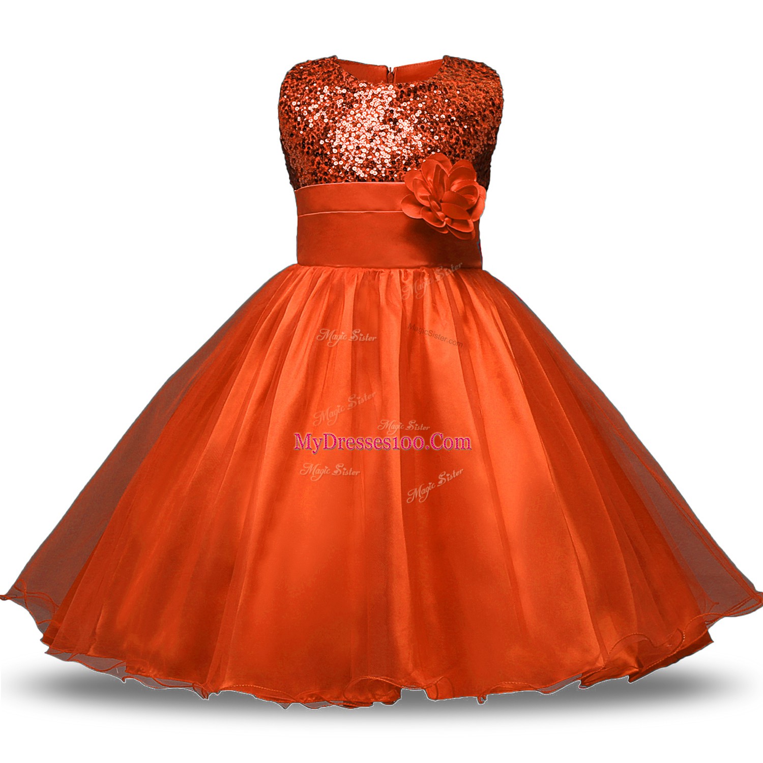 Scoop Sleeveless Flower Girl Dress Knee Length Bowknot and Belt and Hand Made Flower Orange Red Organza and Sequined