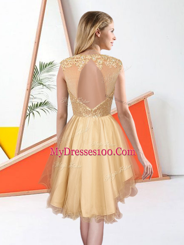 Sleeveless Backless Knee Length Beading and Lace Bridesmaid Dress
