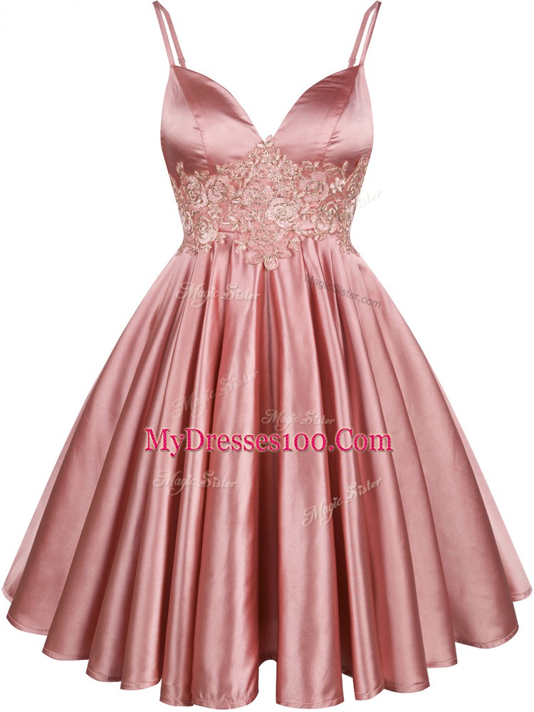 Pink A-line Spaghetti Straps Sleeveless Elastic Woven Satin Knee Length Lace Up Lace Wedding Guest Dresses