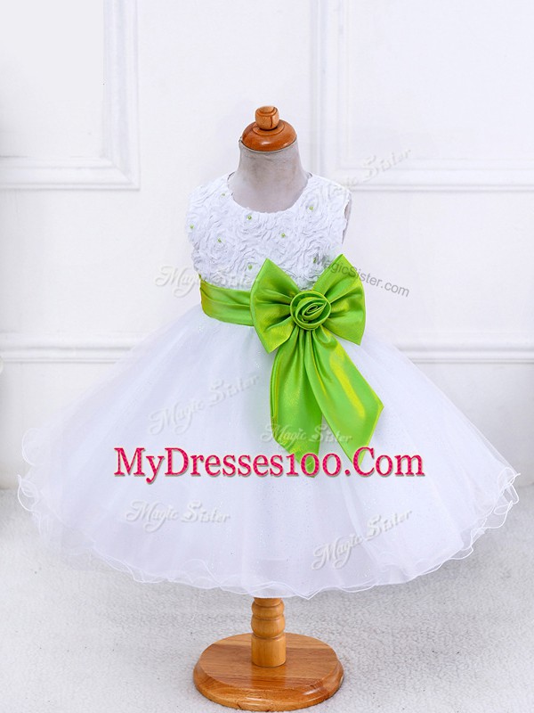 White Zipper Scoop Bowknot Kids Formal Wear Organza Sleeveless
