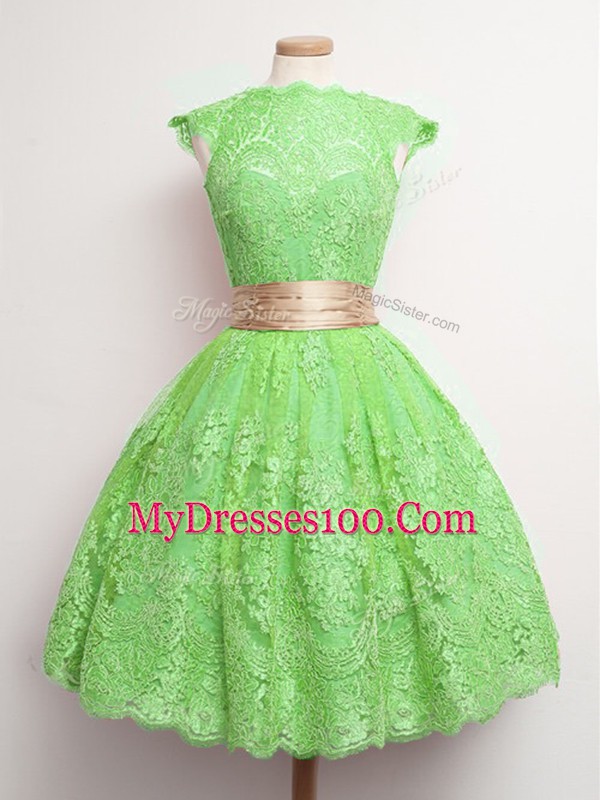 Stylish Green Lace Up Dama Dress Belt Cap Sleeves Knee Length