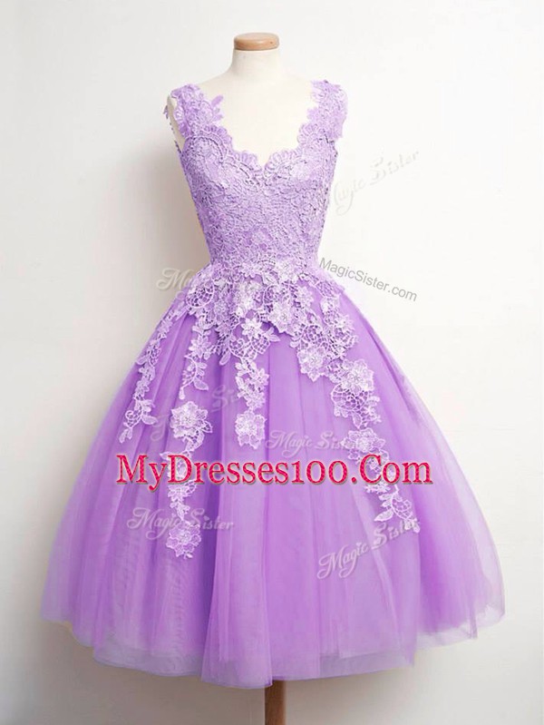 Dynamic Knee Length Lace Up Bridesmaid Dress Lavender for Prom and Party and Wedding Party with Lace