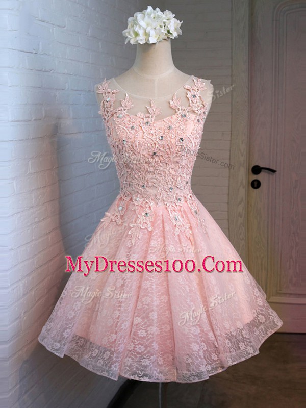 Extravagant Sleeveless Lace Mini Length Lace Up Prom Party Dress in Pink with Lace and Appliques