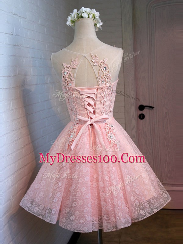 Extravagant Sleeveless Lace Mini Length Lace Up Prom Party Dress in Pink with Lace and Appliques