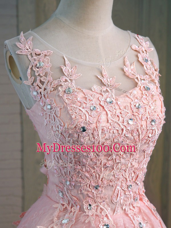 Extravagant Sleeveless Lace Mini Length Lace Up Prom Party Dress in Pink with Lace and Appliques