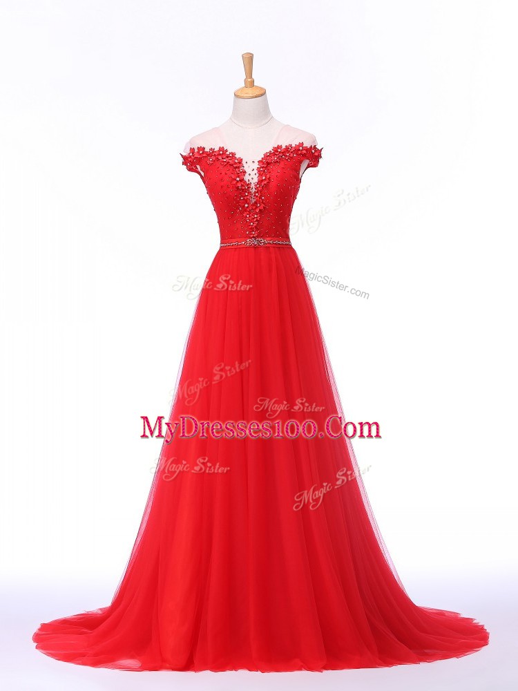 Flirting Sleeveless Brush Train Lace Up Lace and Appliques Prom Gown
