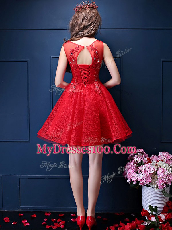 Affordable Tulle Lace Up Bateau Sleeveless Knee Length Quinceanera Court Dresses Beading and Lace