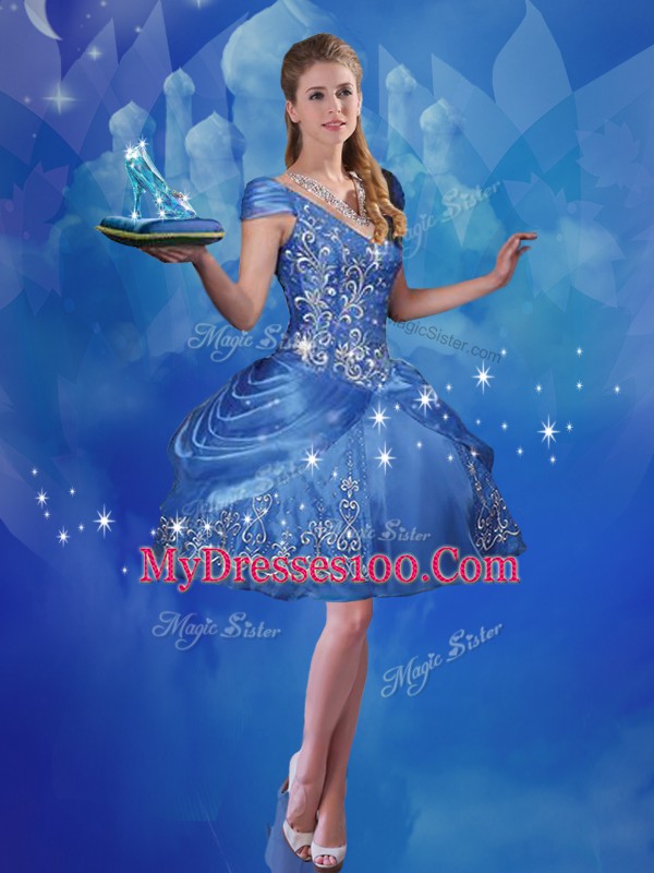 Luxurious Blue Ball Gowns V-neck Cap Sleeves Organza Mini Length Lace Up Embroidery