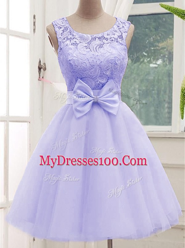 Dramatic Lavender A-line Tulle Scoop Sleeveless Lace and Bowknot Knee Length Lace Up Bridesmaid Dresses