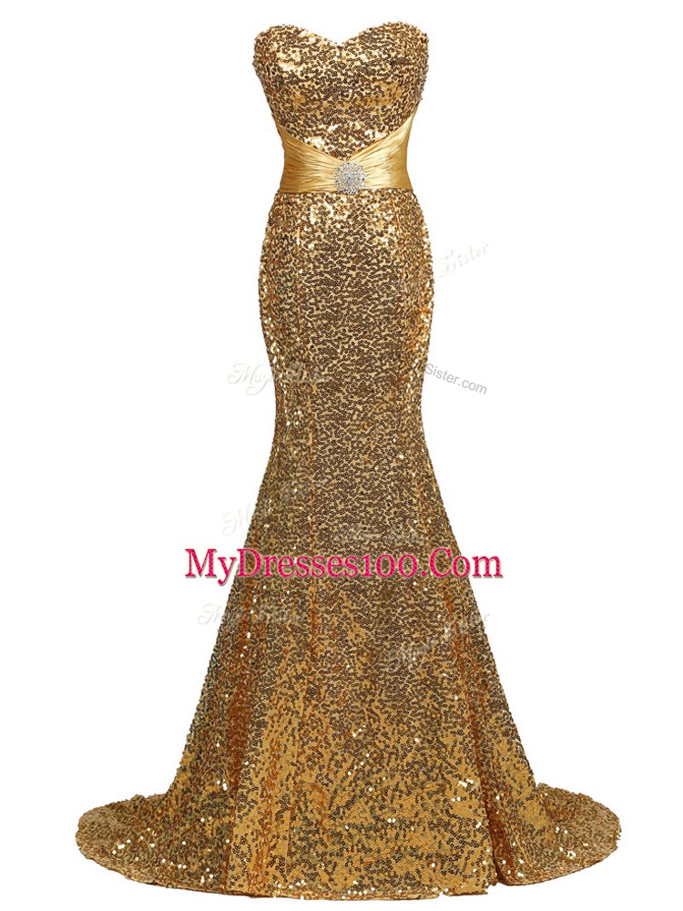 Admirable Lace Up Prom Gown Gold for Prom and Military Ball and Sweet 16 with Sequins Brush Train
