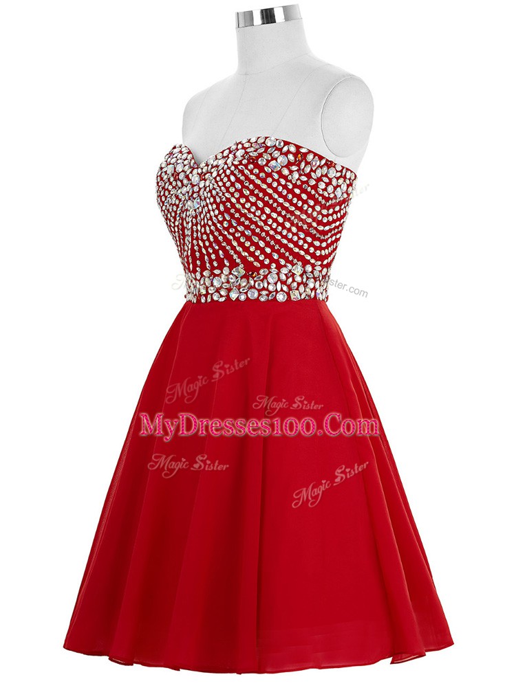 Luxury Sleeveless Chiffon Mini Length Lace Up Dress for Prom in Red with Beading