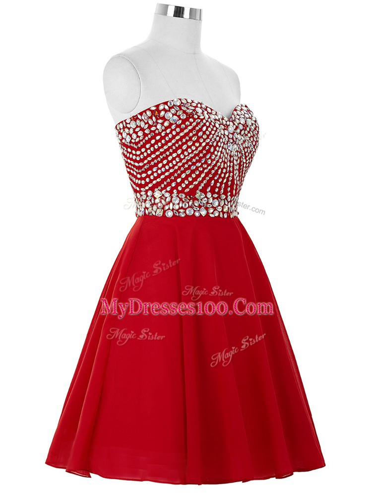 Luxury Sleeveless Chiffon Mini Length Lace Up Dress for Prom in Red with Beading