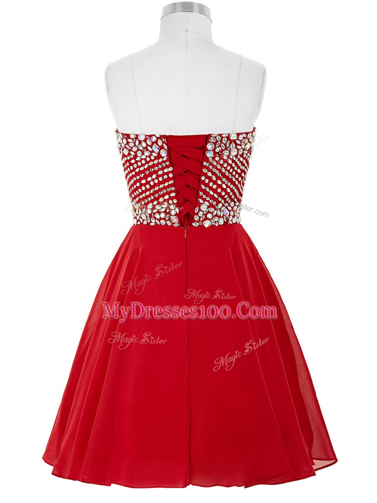 Luxury Sleeveless Chiffon Mini Length Lace Up Dress for Prom in Red with Beading