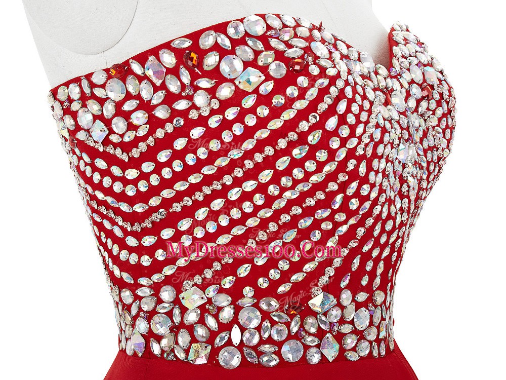 Luxury Sleeveless Chiffon Mini Length Lace Up Dress for Prom in Red with Beading