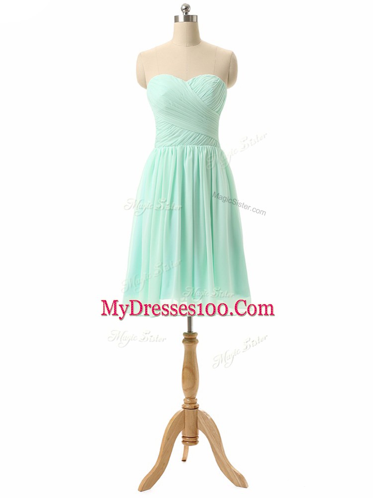 Apple Green Chiffon Lace Up Sweetheart Sleeveless Knee Length Bridesmaid Gown Ruching