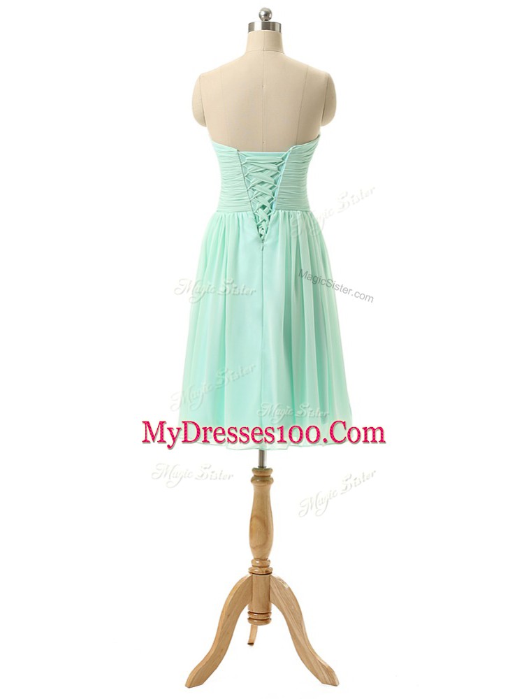 Apple Green Chiffon Lace Up Sweetheart Sleeveless Knee Length Bridesmaid Gown Ruching