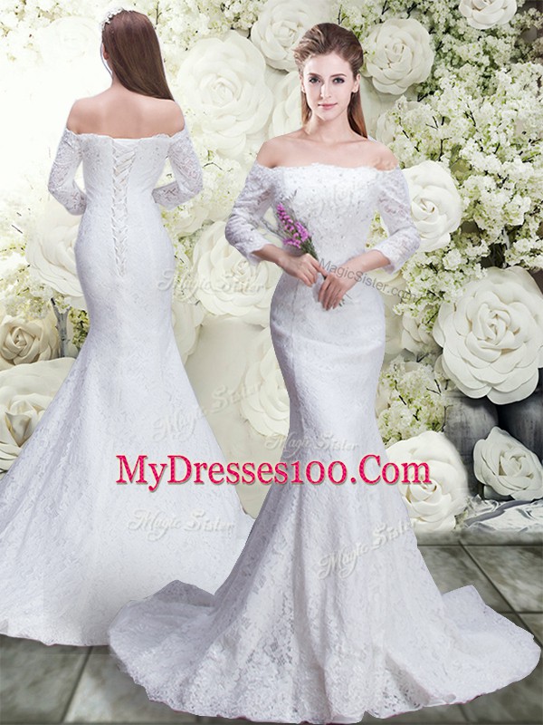 Luxury White Off The Shoulder Neckline Lace Wedding Dress 3 4 Length Sleeve Lace Up