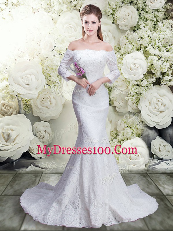 Luxury White Off The Shoulder Neckline Lace Wedding Dress 3 4 Length Sleeve Lace Up