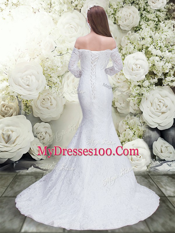 Luxury White Off The Shoulder Neckline Lace Wedding Dress 3 4 Length Sleeve Lace Up